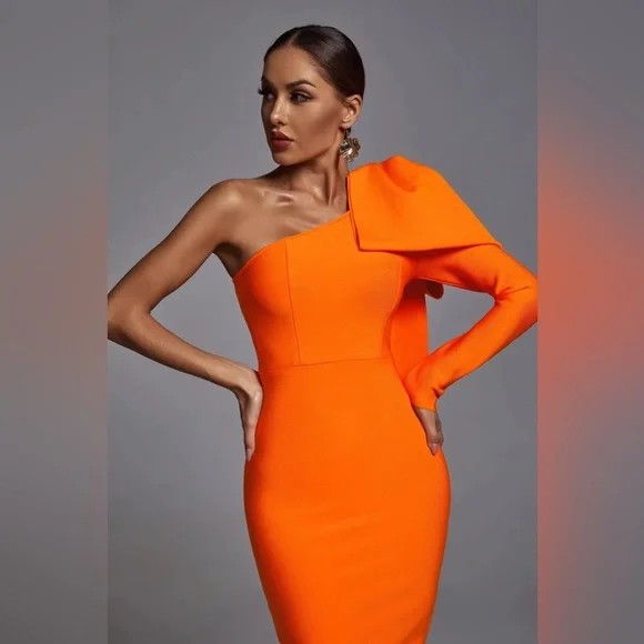 Long Bow Topped Draped Cap Sleeve Orange One Shoulder Bandage Dress - Picture 3 of 6